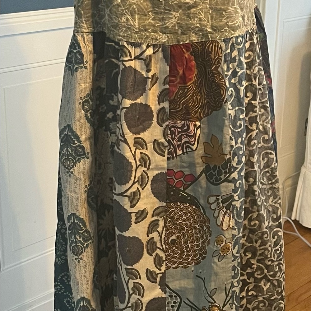 Blue Sky Artistic Maxi Apron Dress with Earthy Tones